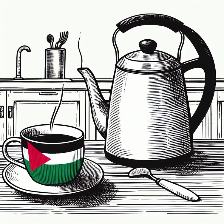 Illustration of a kettle and a cup with the Palestinian flag